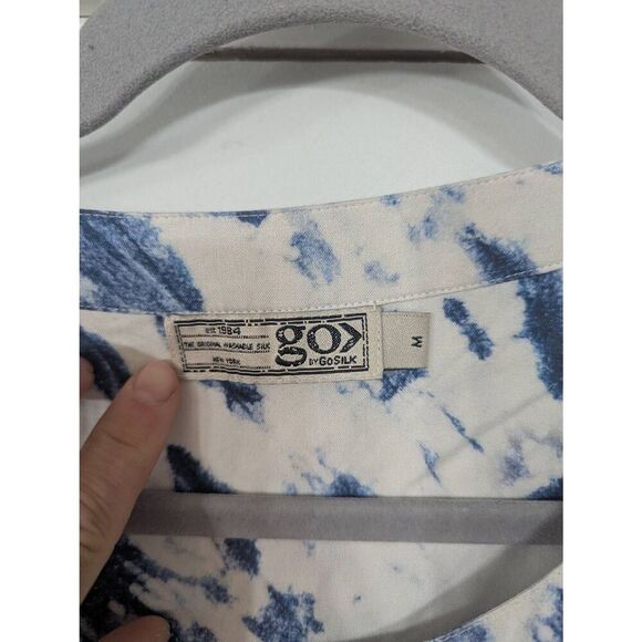 Go by Go Silk Shift‎ Dress women's medium blue tie dye washable frayed elegant - Picture 3 of 8